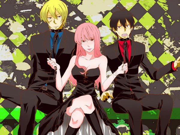 Anime picture 1024x768 with arakawa under the bridge shaft (studio) sister (arakawa) ichinomiya kou maria (arakawa) long hair looking at viewer short hair open mouth blue eyes black hair blonde hair smile sitting bare shoulders pink hair multiple boys crossed legs scar group