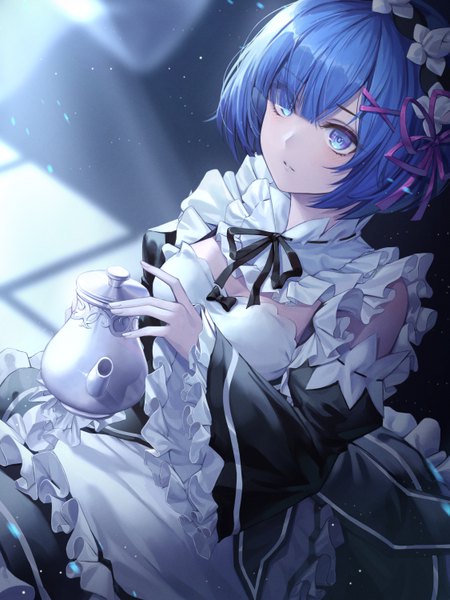 Anime picture 4500x6000 with re:zero kara hajimeru isekai seikatsu white fox rem (re:zero) chyopeuteu single tall image looking at viewer blush fringe highres short hair breasts blue eyes sitting blue hair absurdres blunt bangs parted lips hair over one eye wide sleeves