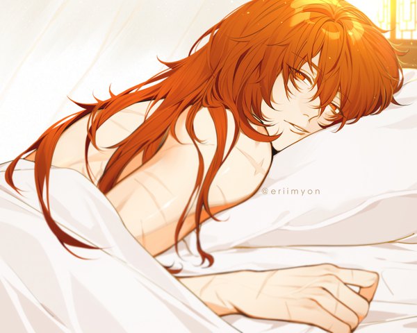 Anime picture 1500x1200 with genshin impact diluc ragnvindr emily-ebarrola single long hair looking at viewer fringe hair between eyes red eyes signed red hair indoors lying twitter username scar on stomach boy pillow bed