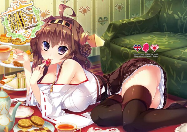 Anime picture 1000x707 with kantai collection kongou battleship katagiri hinata long hair light erotic smile brown hair bare shoulders brown eyes ahoge ass pantyshot nontraditional miko girl thighhighs hair ornament underwear panties detached sleeves couch