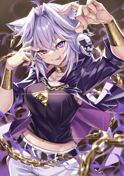 Anime picture 1488x2105 with virtual youtuber hololive nekomata okayu ks single tall image looking at viewer fringe short hair smile hair between eyes standing purple eyes holding purple hair ahoge arms up sparkle midriff fang (fangs)