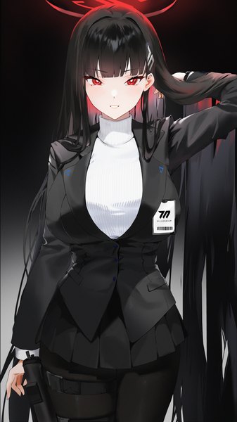 Anime picture 4650x8268 with blue archive rio (blue archive) sadan1317 single tall image looking at viewer fringe highres black hair simple background red eyes standing absurdres blunt bangs very long hair pleated skirt arm up gradient background adjusting hair black background