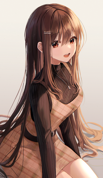 Anime picture 3500x6000 with original myowa single tall image looking at viewer blush fringe highres open mouth simple background smile hair between eyes brown hair sitting brown eyes payot absurdres long sleeves very long hair :d
