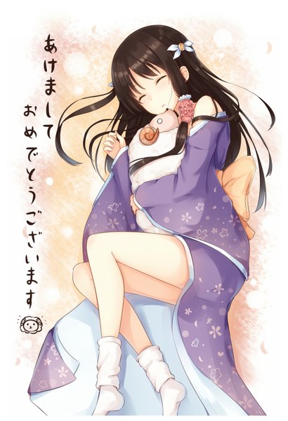 Anime picture 1227x1794 with original shiori (tsuchikure) tsuchikure (3105mitoko) single long hair tall image black hair lying eyes closed traditional clothes japanese clothes new year happy new year 2015 akeome girl animal socks kimono white socks