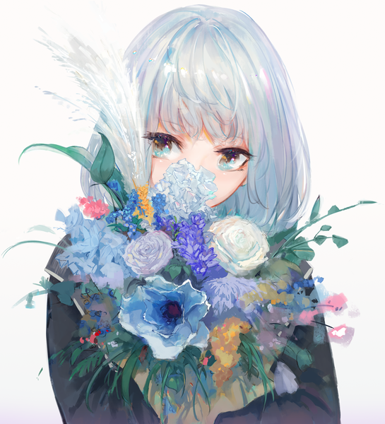 Anime picture 951x1047 with original kisei2 single long hair tall image looking at viewer blush fringe simple background standing white background silver hair upper body blunt bangs aqua eyes covered mouth girl flower (flowers) bouquet