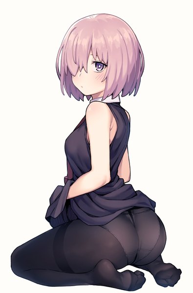 Anime picture 2699x4096 with fate (series) fate/grand order mash kyrielight jp06 single tall image looking at viewer blush fringe highres short hair light erotic simple background white background sitting purple eyes bare shoulders pink hair full body ass