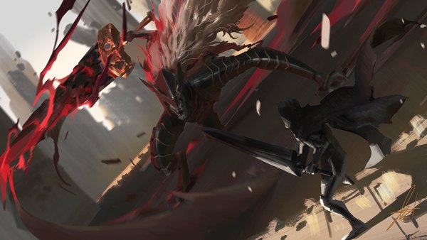 Anime picture 1920x1080 with elden ring tarnished (elden ring) maliketh the black blade al jerek long hair highres open mouth wide image holding signed white hair multiple boys battle boy weapon sword 2 boys huge weapon huge sword furry
