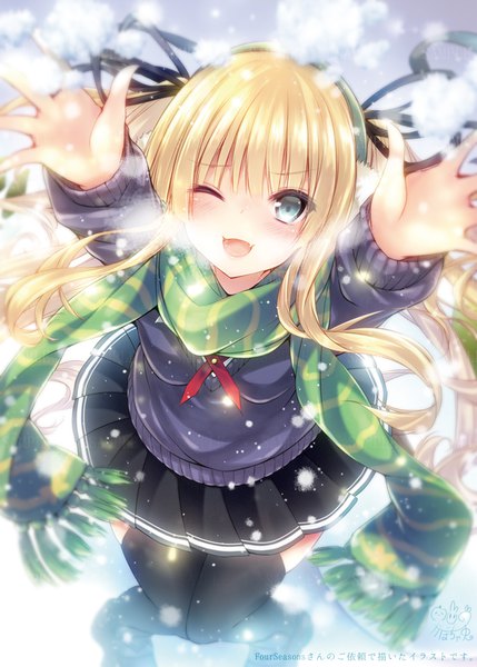 Anime picture 662x926 with saenai heroine no sodatekata a-1 pictures sawamura spencer eriri kabocha usagi single long hair tall image looking at viewer blush open mouth blue eyes blonde hair twintails payot one eye closed arms up snowing snow exhalation ;d