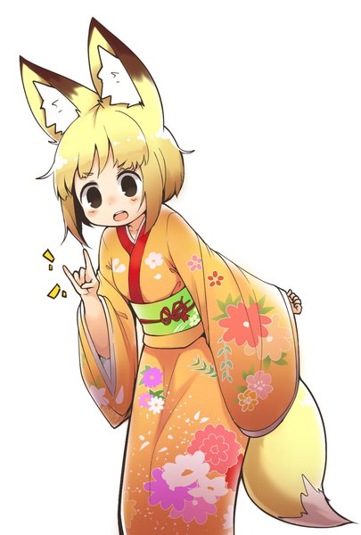 Anime picture 1181x1748 with original koko (yutturi) yutturi single tall image looking at viewer short hair open mouth simple background blonde hair smile white background brown eyes animal ears tail traditional clothes japanese clothes animal tail leaning leaning forward