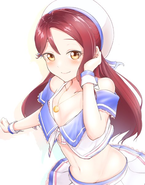 Anime picture 1500x1900 with love live! sunshine!! sunrise (studio) love live! sakurauchi riko ycya2482 single long hair tall image looking at viewer blush fringe breasts light erotic simple background smile hair between eyes standing white background bare shoulders yellow eyes