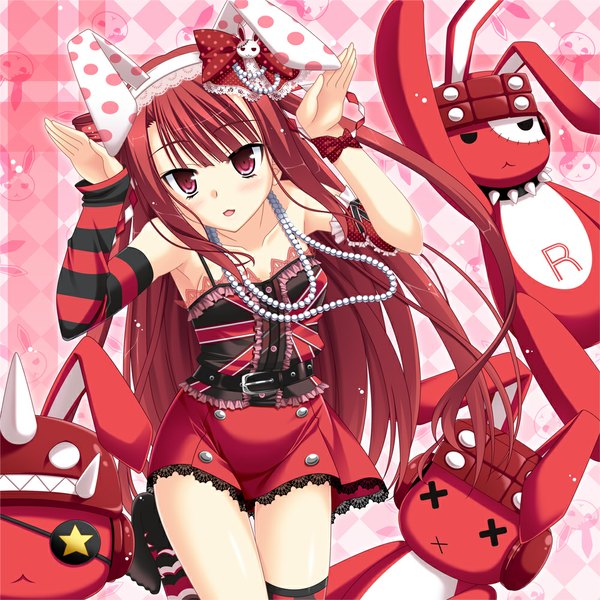 Anime picture 1000x1000 with beatmania beatmania iidx skywaker long hair looking at viewer blush open mouth red eyes animal ears red hair bunny ears girl thighhighs dress black thighhighs detached sleeves toy stuffed animal beads stuffed rabbit