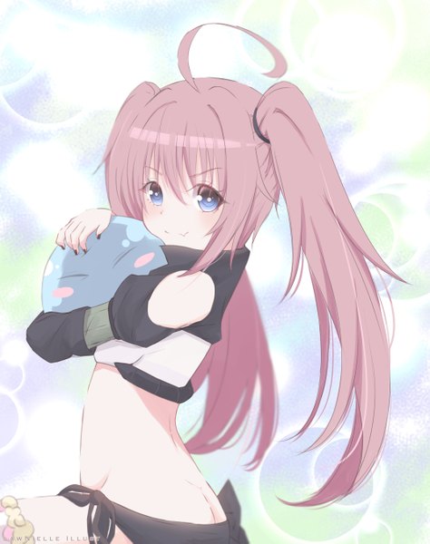 Anime picture 2131x2693 with tensei shitara slime datta ken 8bit rimuru tempest milim nava lawnielle long hair tall image looking at viewer blush fringe highres blue eyes light erotic simple background smile hair between eyes twintails bare shoulders holding signed