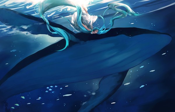 Anime picture 1900x1216 with vocaloid hatsune miku yong kit lam highres twintails eyes closed very long hair aqua hair bare legs underwater girl dress animal water white dress bubble (bubbles) whale