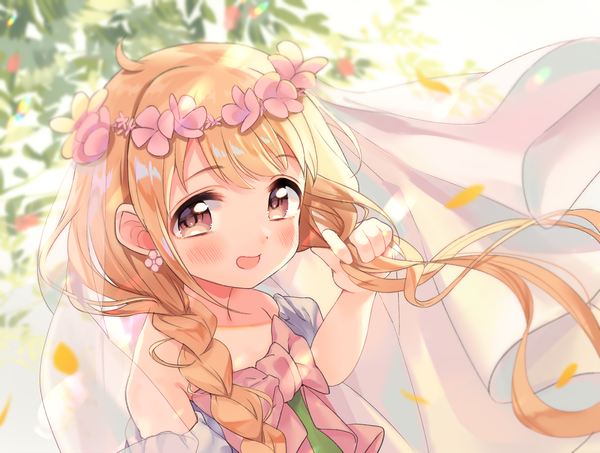Anime picture 1719x1299 with idolmaster idolmaster cinderella girls futaba anzu kanda done single long hair looking at viewer blush highres open mouth blonde hair bare shoulders brown eyes payot upper body ahoge outdoors braid (braids) :d wind
