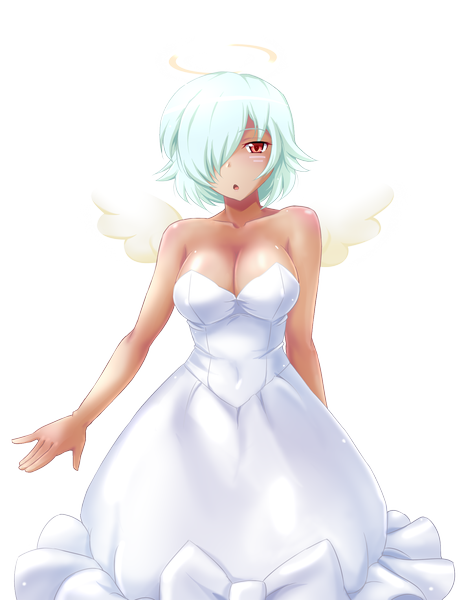 Anime picture 1652x2125 with kami nomi zo shiru sekai mercury (kaminomi) dha tall image fringe short hair breasts open mouth light erotic red eyes white hair hair over one eye transparent background girl dress wings halo
