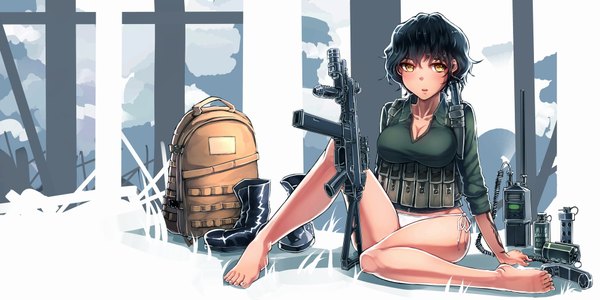 Anime picture 2000x1000 with original siqi (miharuu) single looking at viewer highres short hair light erotic black hair wide image yellow eyes full body barefoot girl underwear panties weapon boots gun backpack assault rifle