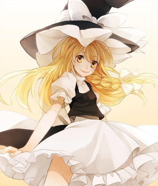 Anime picture 1704x2000 with touhou kirisame marisa q-chiang single long hair tall image highres blonde hair simple background smile yellow eyes braid (braids) puffy sleeves gradient background girl skirt bow hair bow hat witch hat