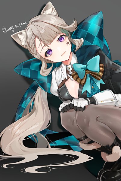 Anime picture 2242x3343 with genshin impact lynette (genshin impact) unagi to kame single long hair tall image looking at viewer highres simple background purple eyes signed animal ears tail animal tail grey hair cat ears grey background cat girl cat tail twitter username