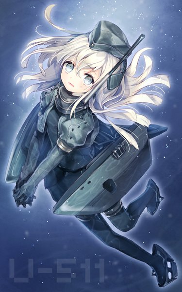 Anime-Bild 500x800 mit kantai collection u-511 submarine u-511 (kantai collection) renta (deja-vu) single long hair tall image looking at viewer open mouth blue eyes white hair from above puffy sleeves character names underwater hands clasped military scared girl skirt