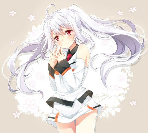 Anime picture 1000x900 with plastic memories isla (plastic memories) mocha (naturefour) single looking at viewer blush fringe smile twintails signed ahoge white hair head tilt pink eyes grey background wide sleeves girl skirt flower (flowers) detached sleeves
