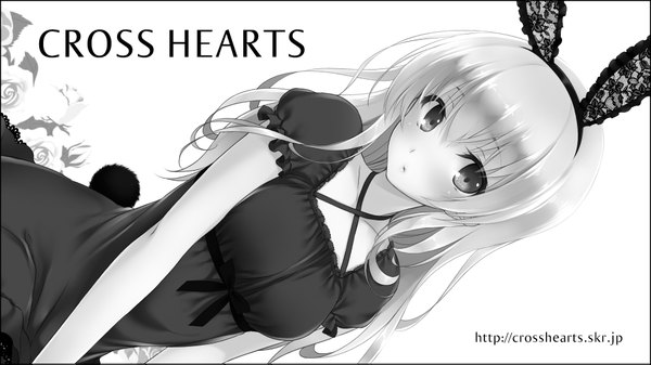 Anime picture 1890x1063 with original ayase hazuki single long hair looking at viewer blush highres blonde hair wide image animal ears grey eyes bunny ears monochrome bunny girl girl dress