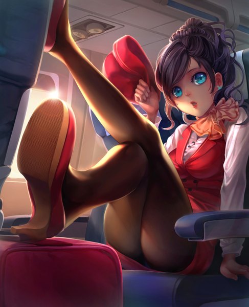 Anime picture 2600x3200 with original chiaku single tall image looking at viewer highres short hair light erotic black hair sitting bent knee (knees) aqua eyes lips sunlight arm support :o high heels pantyshot lipstick lens flare