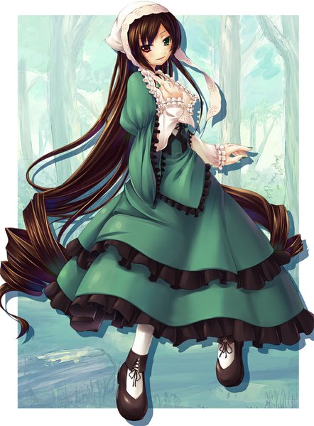Anime picture 738x1000 with rozen maiden suiseiseki asa (swallowtail) single tall image brown hair twintails very long hair heterochromia drill hair girl dress bonnet