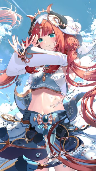 Anime picture 3329x5930 with genshin impact nilou (genshin impact) ttorong single tall image looking at viewer blush fringe highres twintails absurdres sky cloud (clouds) red hair blunt bangs long sleeves very long hair horn (horns) aqua eyes arms up