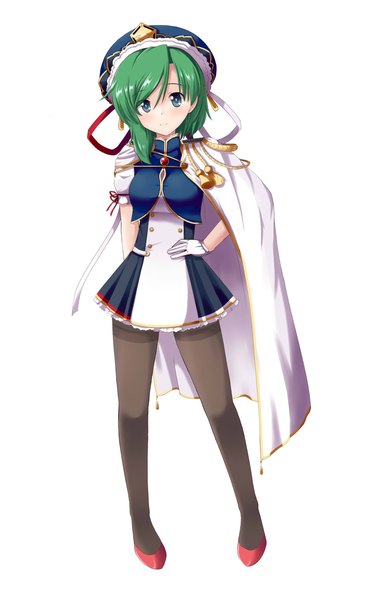 Anime picture 2500x4100 with touhou shikieiki yamaxanadu mono (mono60) single tall image highres short hair blue eyes simple background smile standing white background full body green hair short sleeves puffy sleeves hand on hip asymmetrical hair girl dress