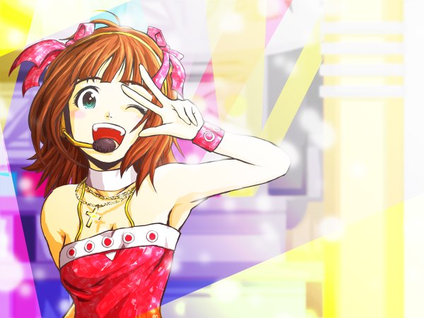 Anime picture 1200x900 with idolmaster idolmaster (classic) amami haruka short hair bare shoulders green eyes one eye closed wink armpit (armpits) victory cool & sexy (idolmaster) ribbon (ribbons) hair ribbon jewelry cross necklace wristlet headset kibo