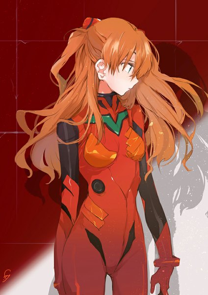 Anime picture 661x935 with neon genesis evangelion rebuild of evangelion evangelion: 3.0 you can (not) redo gainax soryu asuka langley fly (marguerite) single long hair tall image fringe blue eyes twintails signed orange hair shadow looking down girl pilot suit