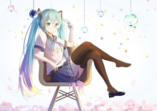 Anime picture 1300x919 with vocaloid hatsune miku mobu (wddtfy61) single long hair looking at viewer blush fringe blue eyes smile hair between eyes white background sitting twintails payot full body bent knee (knees) pleated skirt multicolored hair aqua hair