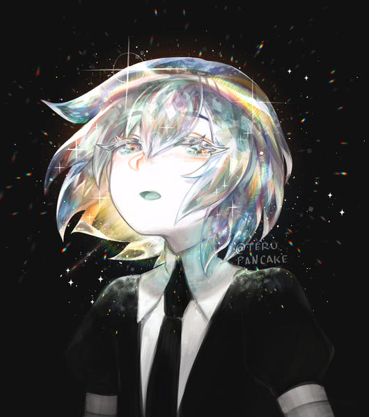 Anime picture 1280x1448 with houseki no kuni diamond (houseki no kuni) teru (renkyu) single tall image looking at viewer fringe short hair open mouth blue eyes simple background hair between eyes signed silver hair upper body multicolored hair sparkle puffy sleeves twitter username black background