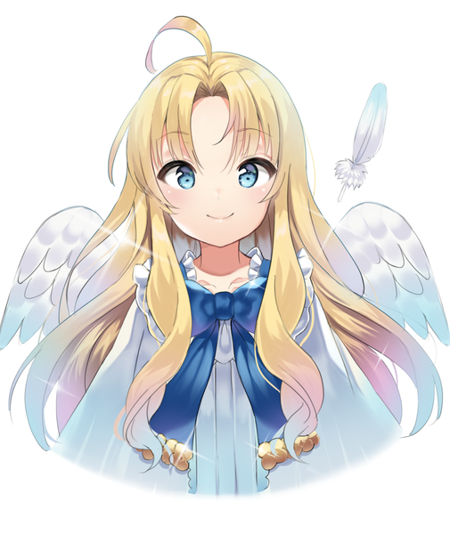 Anime picture 1541x1831 with tate no yuusha no nariagari kinema citrus firo (tate no yuusha no nariagari) dan gan single long hair tall image looking at viewer blue eyes simple background blonde hair smile white background upper body ahoge sparkle angel wings girl wings feather (feathers)