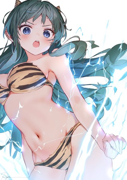 Anime picture 1000x1414 with urusei yatsura lum ryota (ry o ta) single long hair tall image looking at viewer blush breasts open mouth blue eyes light erotic simple background large breasts standing white background signed horn (horns) green hair teeth