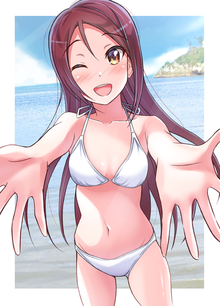 Anime picture 863x1200 with love live! sunshine!! sunrise (studio) love live! sakurauchi riko aranami shibuki single long hair tall image looking at viewer blush fringe breasts open mouth light erotic hair between eyes standing bare shoulders yellow eyes sky cleavage