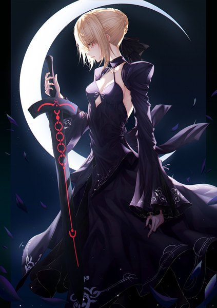 Anime picture 1020x1447 with fate (series) fate/grand order artoria pendragon (all) saber alter andi 1021 single tall image fringe short hair breasts blonde hair hair between eyes standing holding yellow eyes payot cleavage braid (braids) long sleeves profile