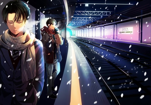 Anime picture 1000x698 with shingeki no kyojin production i.g eren yaeger levi (rivaille) aca short hair open mouth brown hair standing green eyes eyes closed open clothes open jacket hieroglyph snowing winter exhalation hand in pocket waiting boy