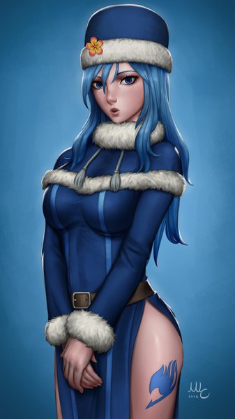 Anime picture 844x1500 with fairy tail juvia lockser sciamano240 single long hair tall image looking at viewer fringe open mouth blue eyes simple background hair between eyes standing signed blue hair long sleeves lips realistic :o tattoo
