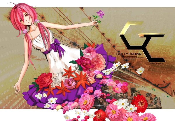 Anime picture 2600x1800 with guilty crown production i.g yuzuriha inori single long hair looking at viewer highres red eyes twintails pink hair inscription spread arms girl dress flower (flowers) bow