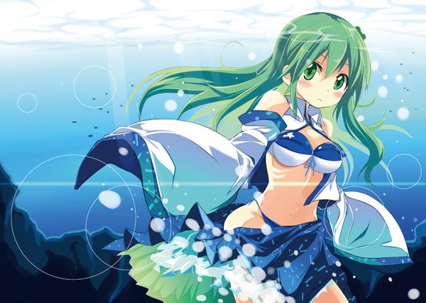 Anime picture 1457x1035 with touhou kochiya sanae matsuri uta single long hair looking at viewer blush light erotic green eyes green hair underwater girl skirt swimsuit detached sleeves bikini bubble (bubbles)