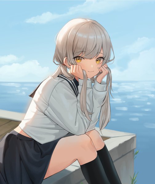 Anime picture 2176x2590 with original xi xeong single long hair tall image looking at viewer fringe highres smile sitting twintails yellow eyes sky silver hair long sleeves arm support low twintails girl skirt uniform