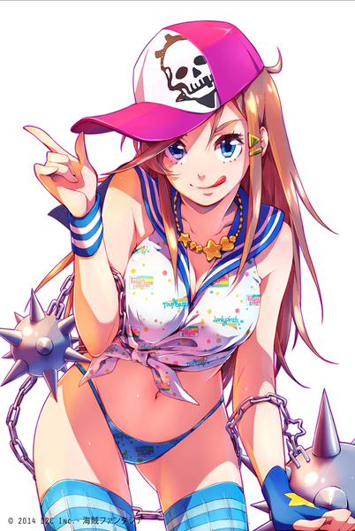 Anime picture 720x1074 with miniskirt pirates katou marika hanaji single long hair tall image looking at viewer breasts blue eyes light erotic simple background brown hair white background cleavage alternate costume :p skull print girl thighhighs gloves
