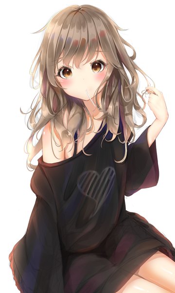 Anime picture 2122x3536 with original sashima single long hair tall image looking at viewer blush fringe highres simple background hair between eyes brown hair sitting brown eyes arm up off shoulder wide sleeves thighs holding hair food in mouth