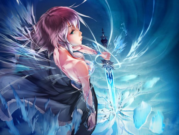 Anime picture 1800x1360 with original takanori yamada single fringe highres short hair breasts bare shoulders holding purple hair aqua eyes from above lips glowing girl dress weapon sword wristlet ice