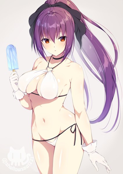 Anime-Bild 750x1061 mit fate (series) fate/grand order scathach (fate) (all) scathach skadi (fate) asami asami single long hair tall image looking at viewer blush fringe breasts light erotic simple background hair between eyes red eyes large breasts standing bare shoulders holding