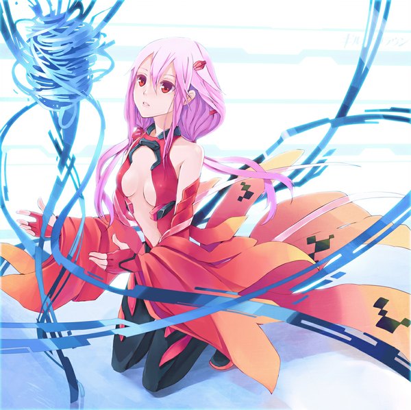 Anime picture 1095x1093 with guilty crown production i.g yuzuriha inori hao (patinnko) single long hair red eyes white background pink hair cleavage center opening girl gloves fingerless gloves