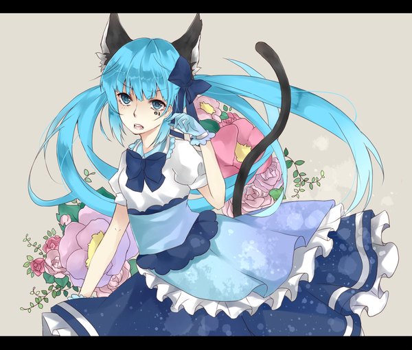 Anime picture 1150x980 with vocaloid hatsune miku single long hair blue eyes twintails animal ears aqua eyes cat ears aqua hair cat tail girl dress gloves flower (flowers) bow