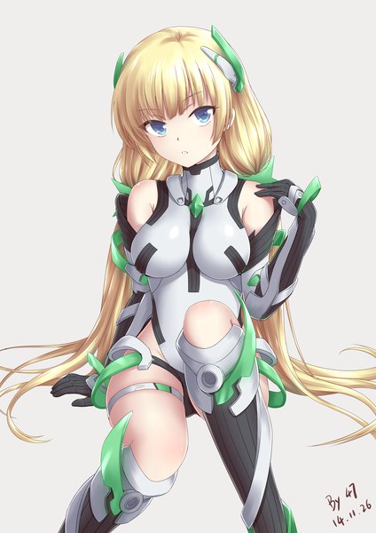 Anime picture 2480x3507 with expelled from paradise angela balzac 47 single tall image looking at viewer fringe highres breasts blue eyes light erotic simple background blonde hair sitting twintails signed very long hair grey background low twintails dated