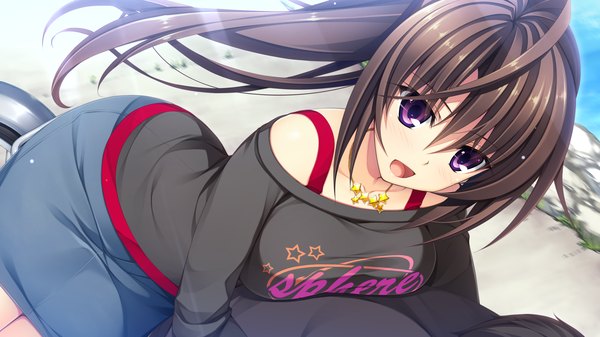 Anime picture 2194x1234 with pretty x cation 2 hibiki works ashiya suzuka long hair highres open mouth brown hair wide image sitting game cg ponytail girl pendant